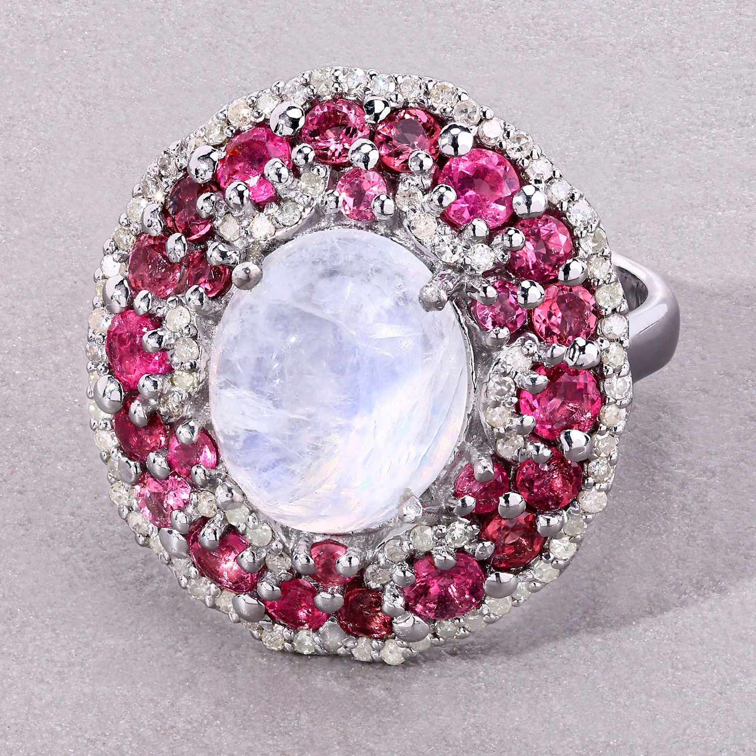 Moonstone Ring With Pink Tourmaline 7.72 Carats Sterling Silver