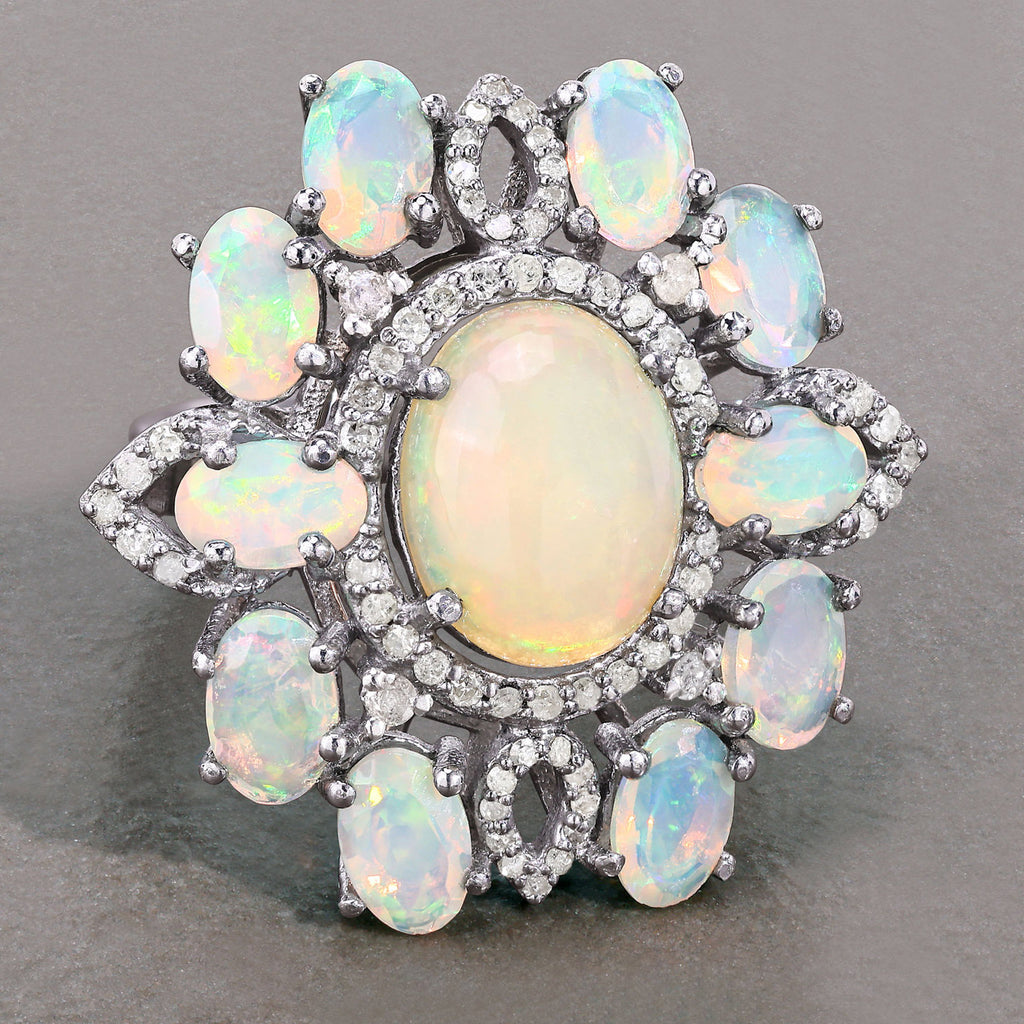 Opal Ring With Diamonds 6.56 Carats Sterling Silver