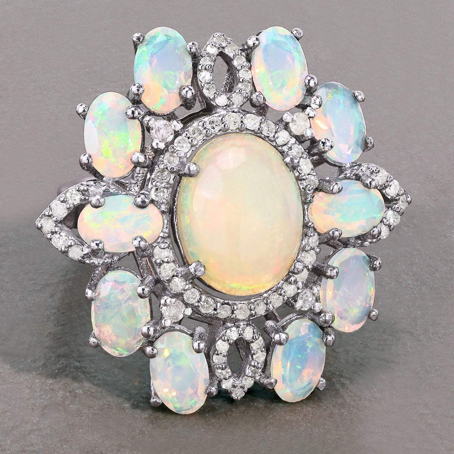 Opal Ring With Diamonds 6.56 Carats Sterling Silver