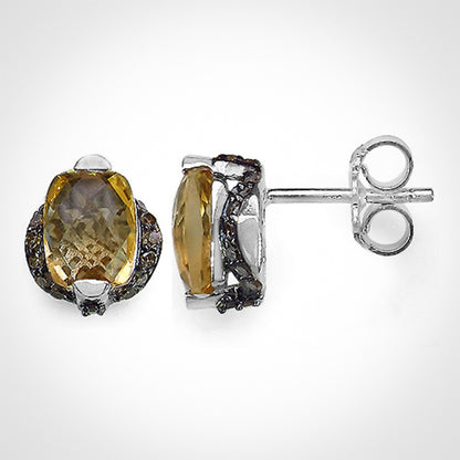 Citrine Stud Earrings Champagne Diamonds 3 Carats Silver