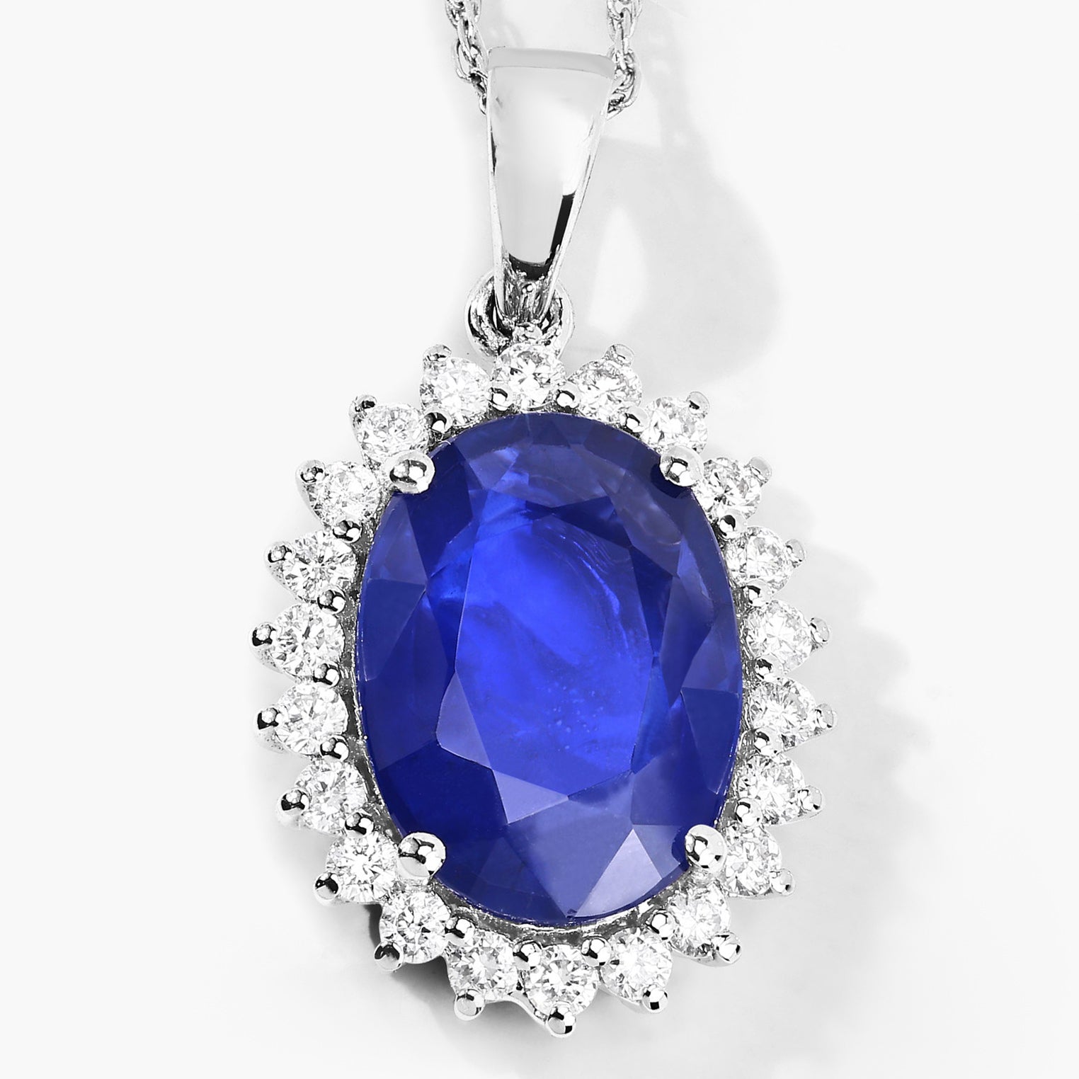 Blue Sapphire Pendant With Diamonds 3.3 Carats 18K White Gold