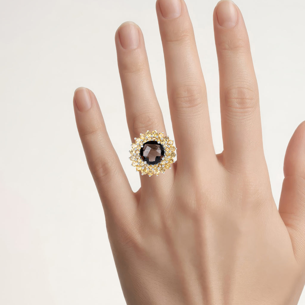 Smoky Quartz Ring With Citrine 8.5 Carats Sterling Silver