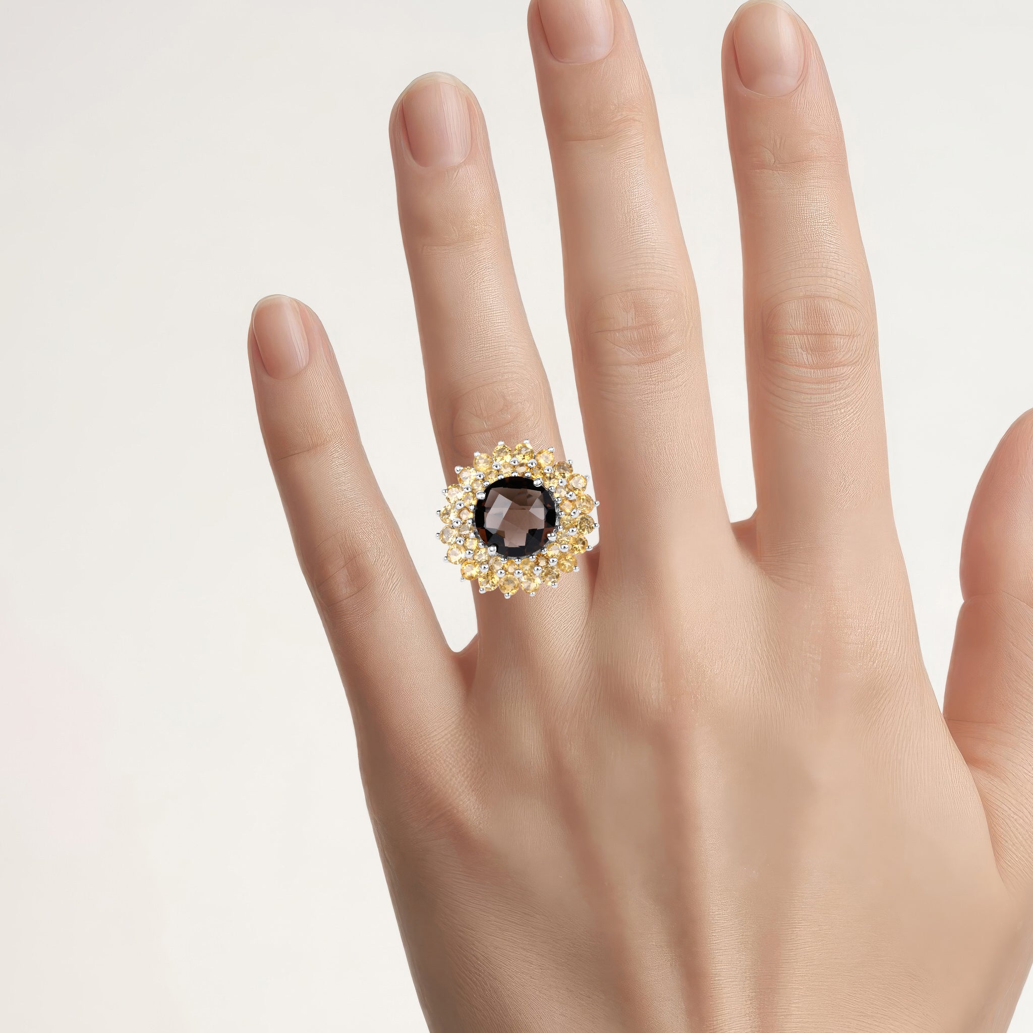 Smoky Quartz Ring With Citrine 8.5 Carats Sterling Silver
