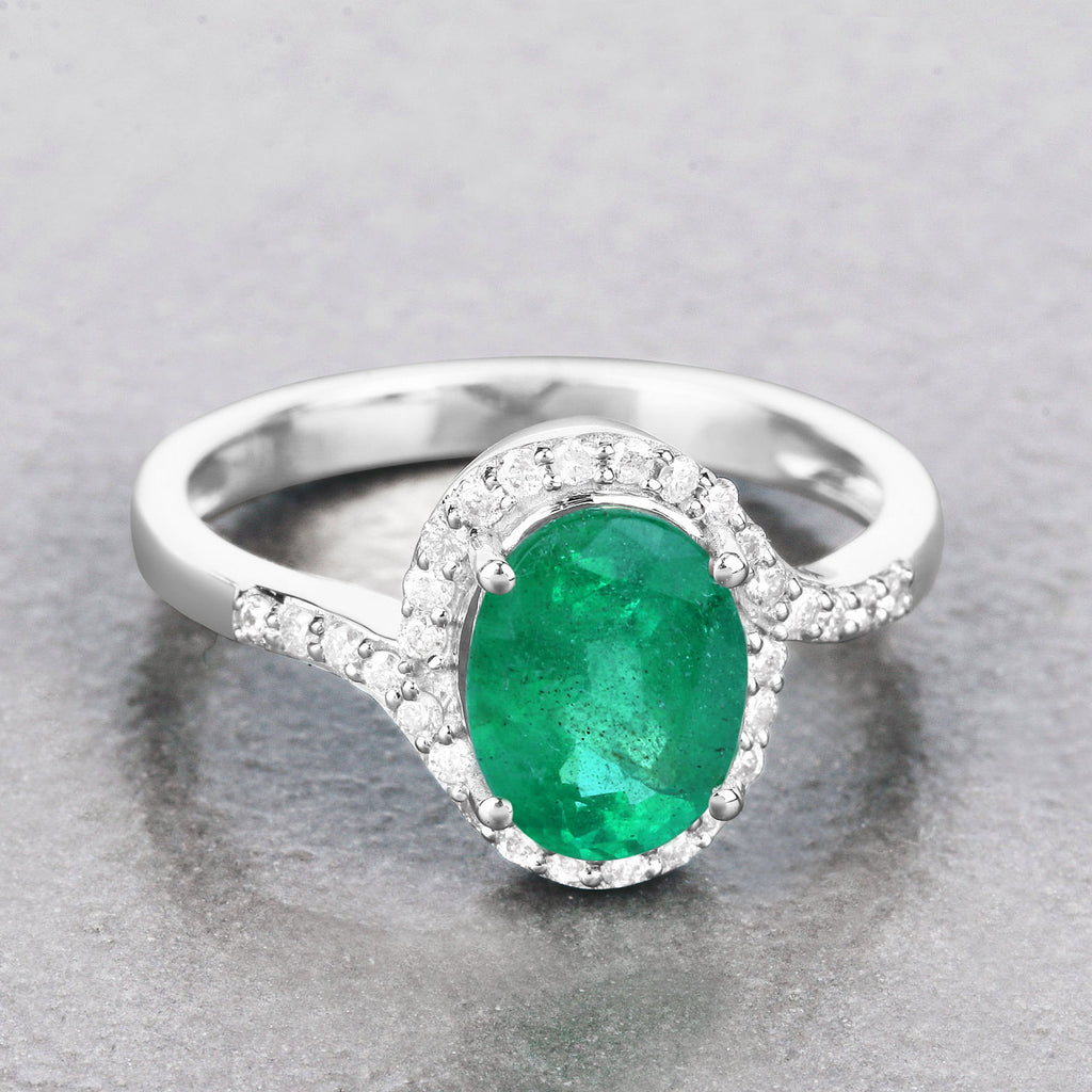 Zambian Emerald Ring With Diamonds 1.88 Carats 14K White Gold