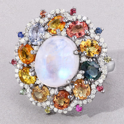 Moonstone Ring With Multicolor Sapphire 9.98 Carats Sterling Silver