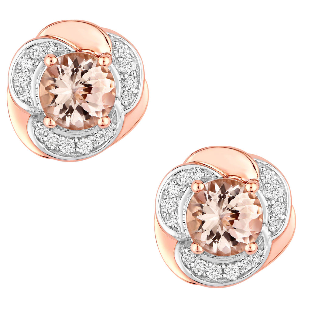 Morganite Flower Stud Earrings With Diamonds 1.48 Carats 14K Rose Gold