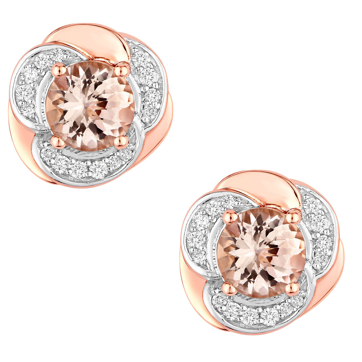 Morganite Flower Stud Earrings With Diamonds 1.48 Carats 14K Rose Gold