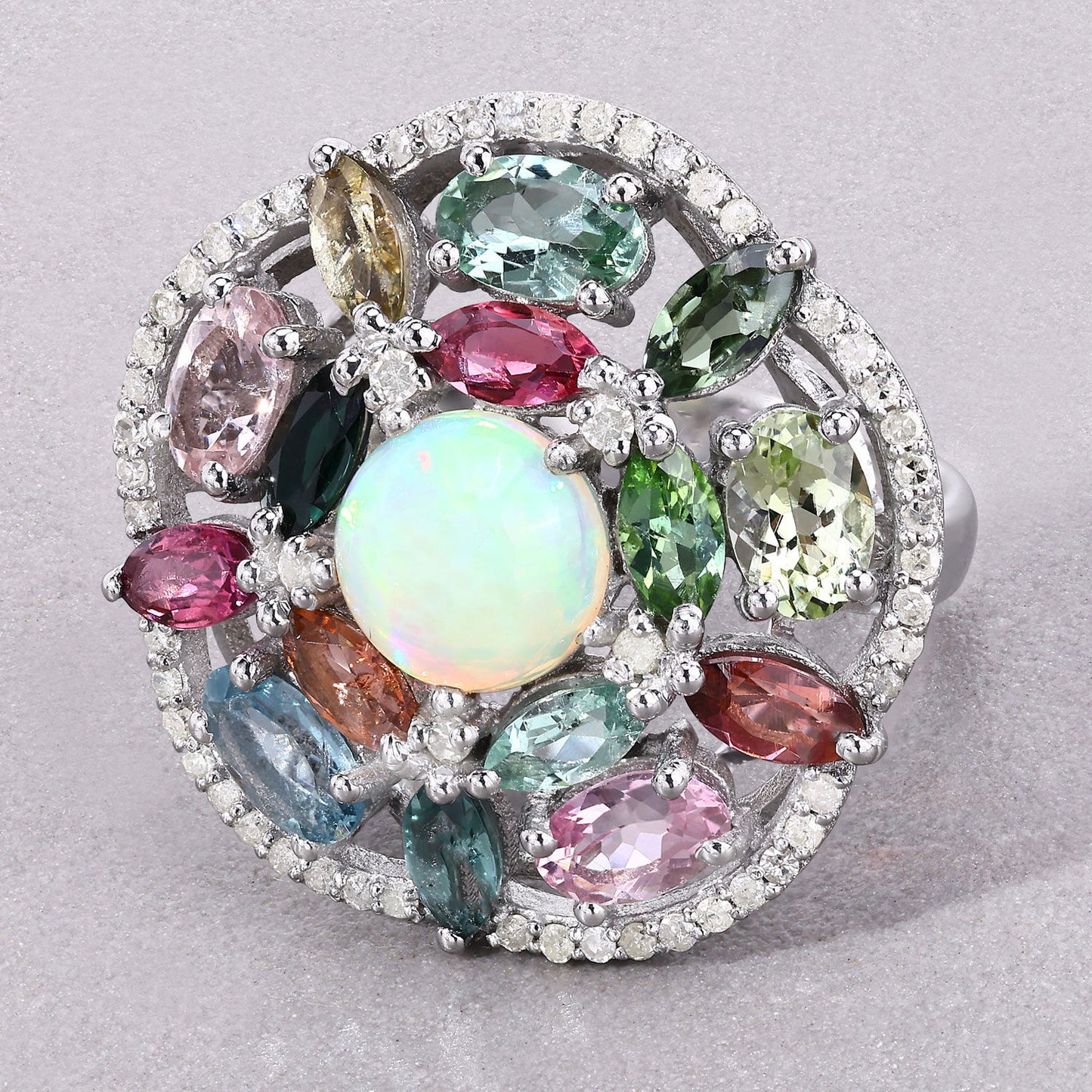 Opal Ring With Multicolor Tourmaline 5.8 Carats Sterling Silver