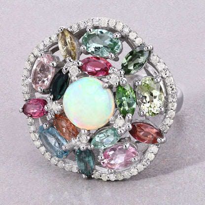 Opal Ring With Multicolor Tourmaline 5.8 Carats Sterling Silver
