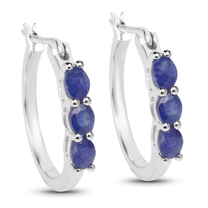 Natural Sapphire Hoop Earrings 1.3 Carats Sterling Silver