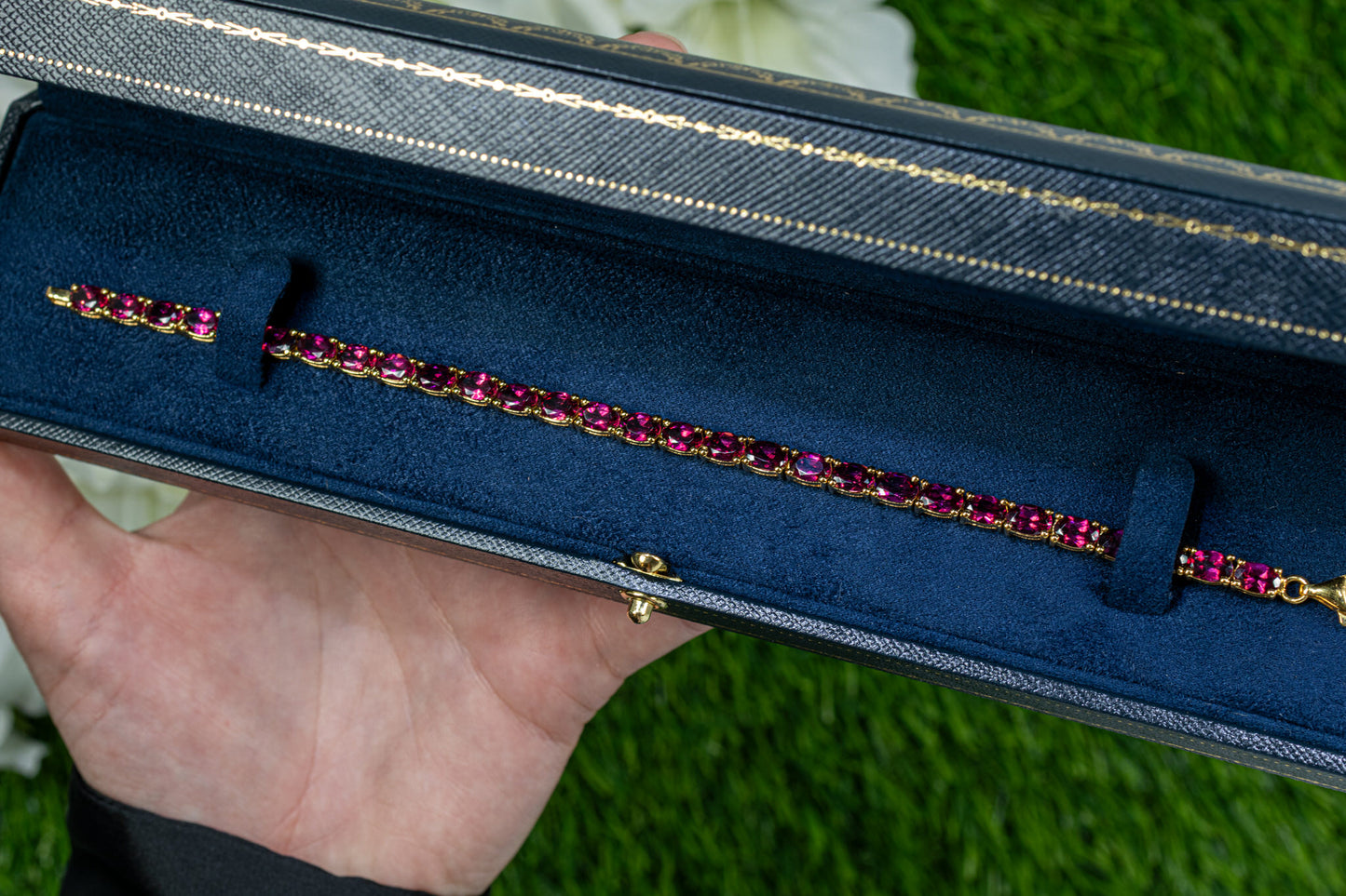 Natural Rhodolite Garnet Tennis Bracelet 15 Carats 24K Yellow Gold Plated Silver