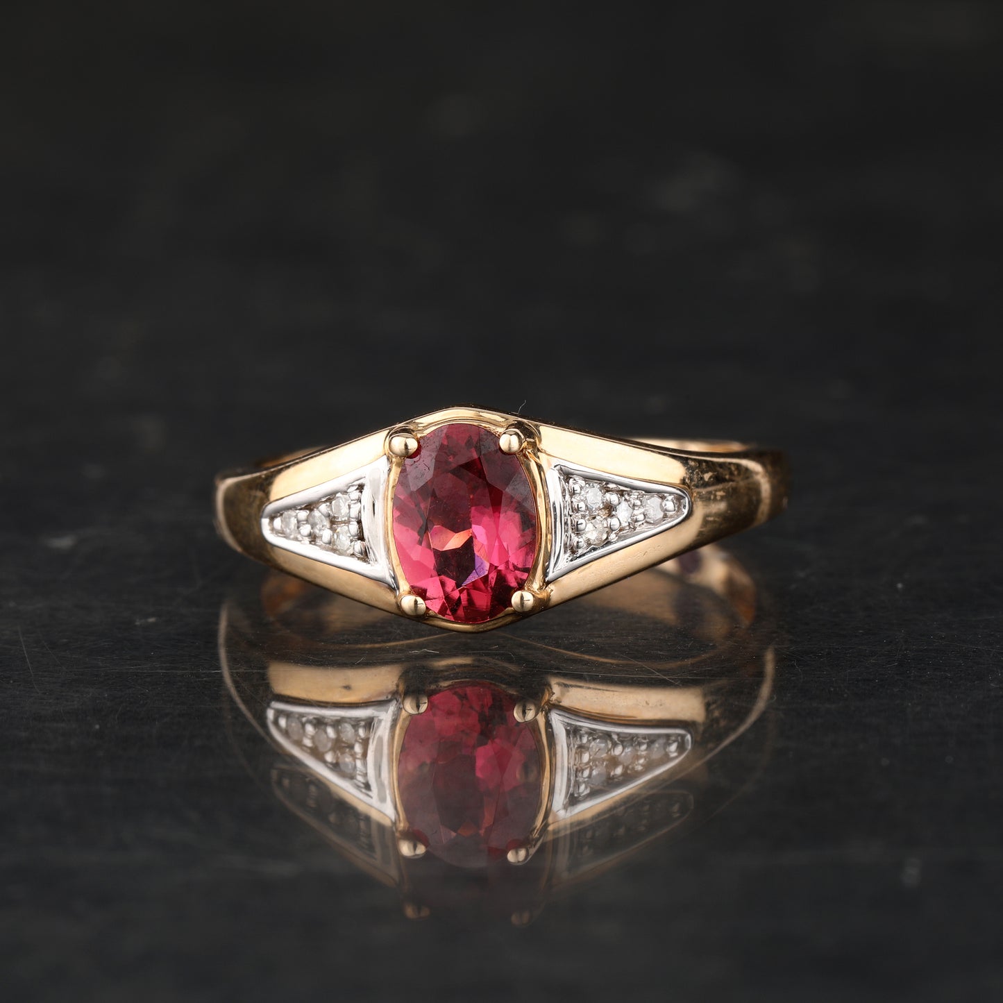 Natural Pink Tourmaline Ring With Diamonds 0.82 Carats 9K Yellow Gold
