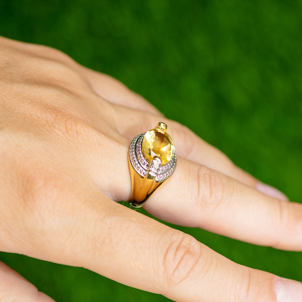 Natural Citrine Ring With Diamonds 4.58 Carats 14K Yellow Gold Plated Silver