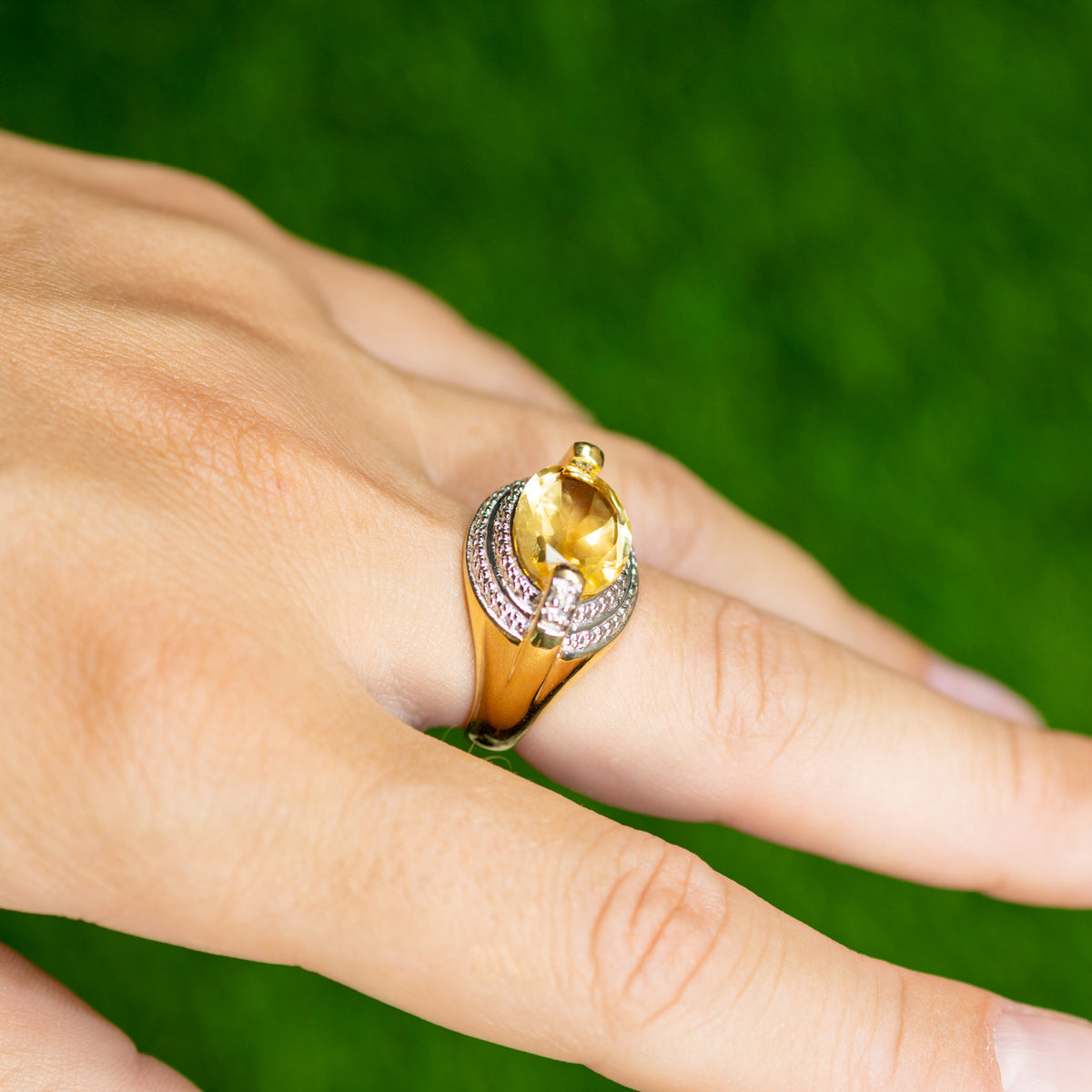 Natural Citrine Ring With Diamonds 4.58 Carats 14K Yellow Gold Plated Silver