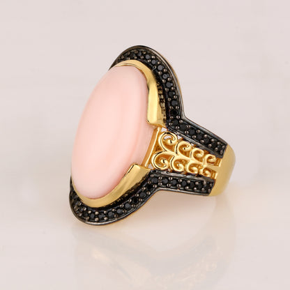 Natural Pink Opal Ring With Black Spinel 9.67 Carats Gold Plated Silver