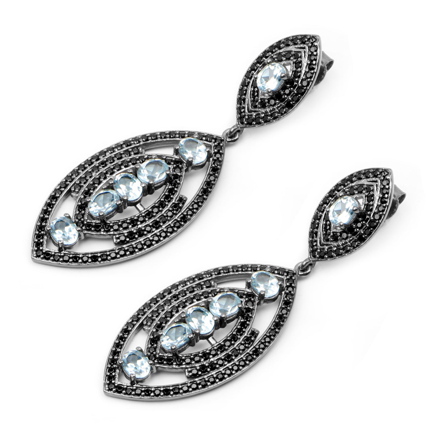 Blue Topaz Earrings With Black Spinel 8.78 Carats Sterling Silver