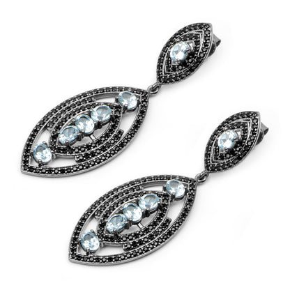 Blue Topaz Earrings With Black Spinel 8.78 Carats Sterling Silver