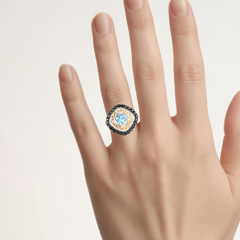 Swiss Blue Topaz Ring With Black Spinel 2.82 Carats Gold Plated Silver