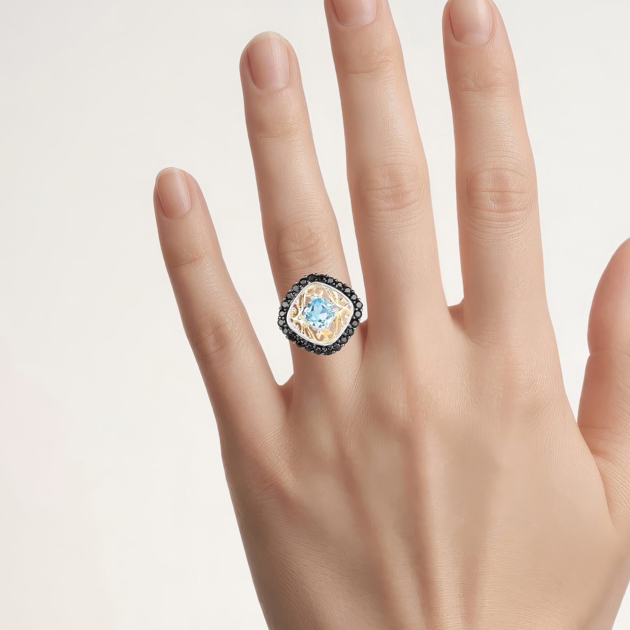 Swiss Blue Topaz Ring With Black Spinel 2.82 Carats Gold Plated Silver
