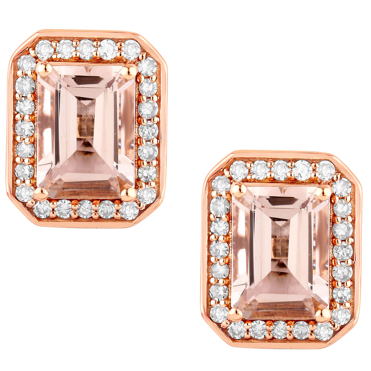 Morganite Stud Earrings With Diamonds 1.78 Carats 14K Rose Gold