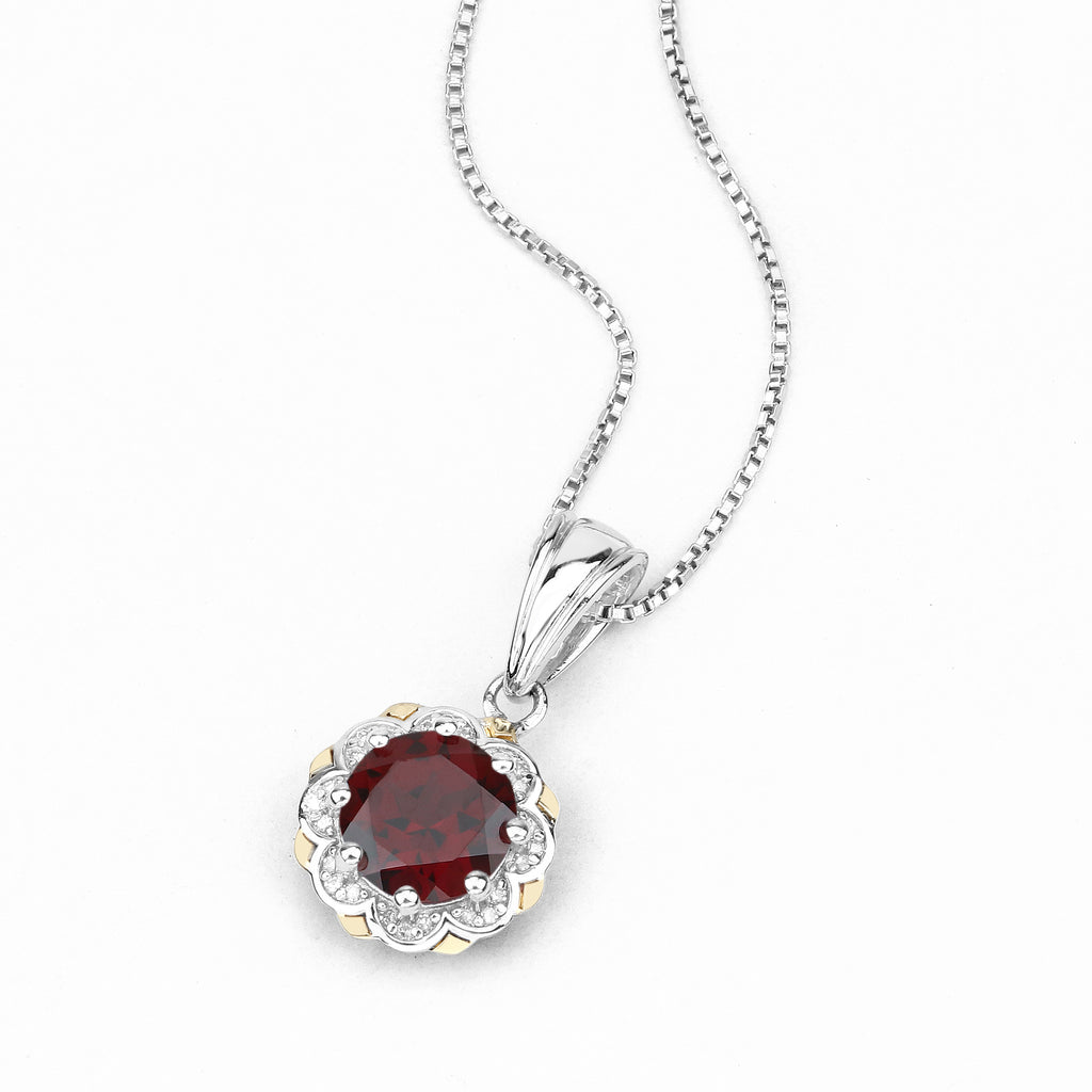 Garnet Flower Pendant With Diamonds 2.3 Carats Sterling Silver