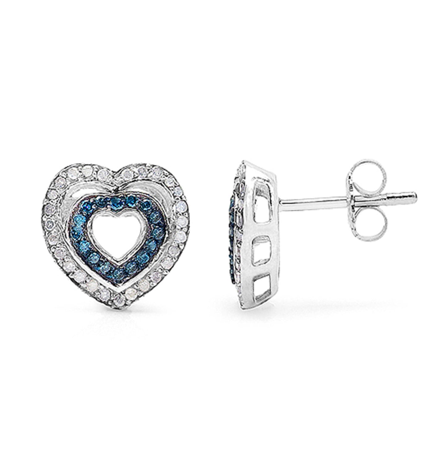 Blue and White Diamond Heart Earrings 0.42 Carats Sterling Silver