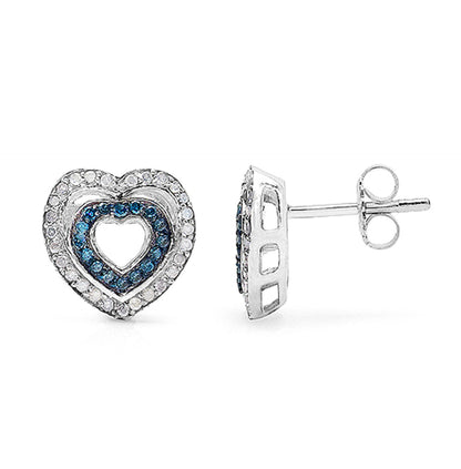 Blue and White Diamond Heart Earrings 0.42 Carats Sterling Silver
