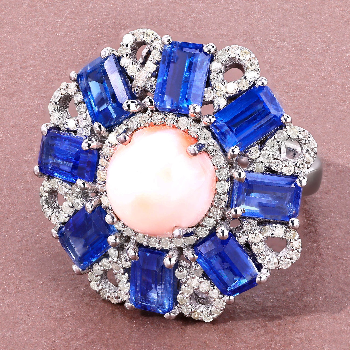 Coral Ring With Kyanite 9.68 Carats Sterling Silver