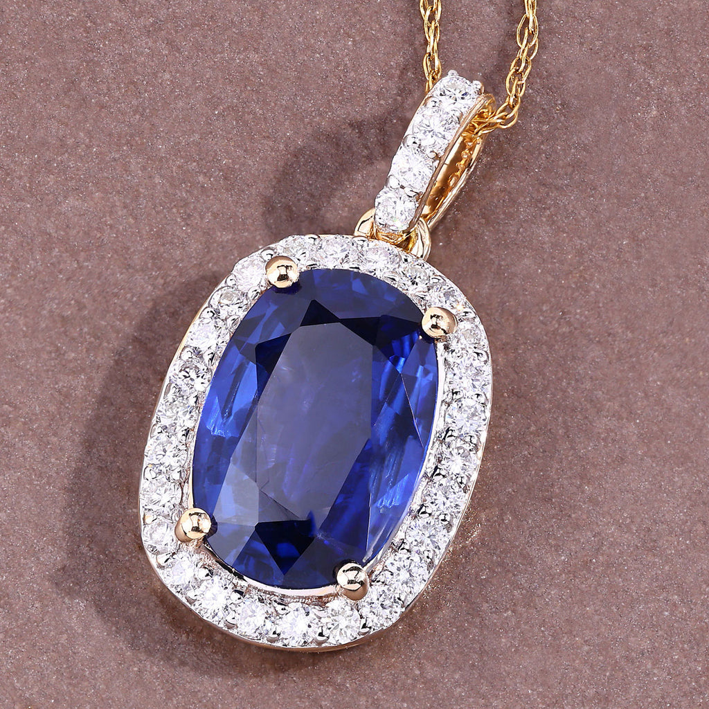 Blue Sapphire Pendant With Diamonds 2.26 Carats 18K Yellow Gold