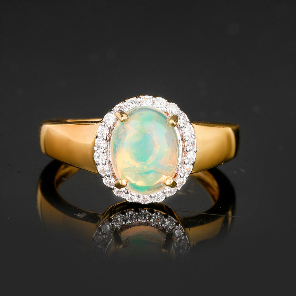 Natural Ethiopian Opal Ring With White Zircon 1.33 Carats Gold Plated Silver
