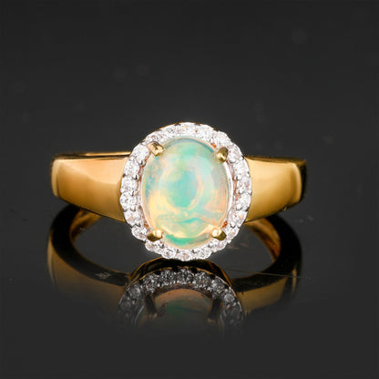 Natural Ethiopian Opal Ring With White Zircon 1.33 Carats Gold Plated Silver