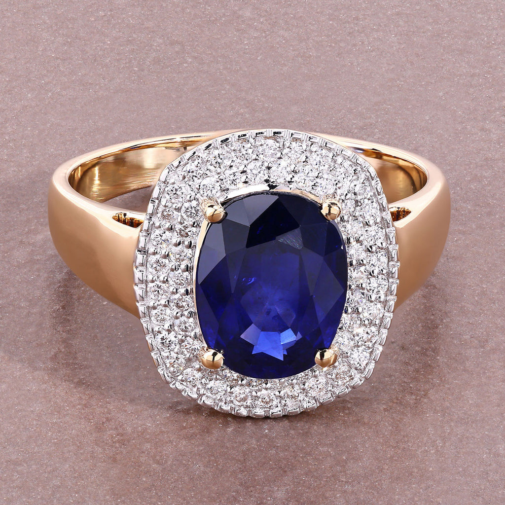 Blue Sapphire Ring With Diamonds 2.7 Carats 18K Yellow Gold