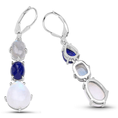 Lapis Lazuli Earrings Labradorite And Moonstone 10.1 Carats Sterling Silver
