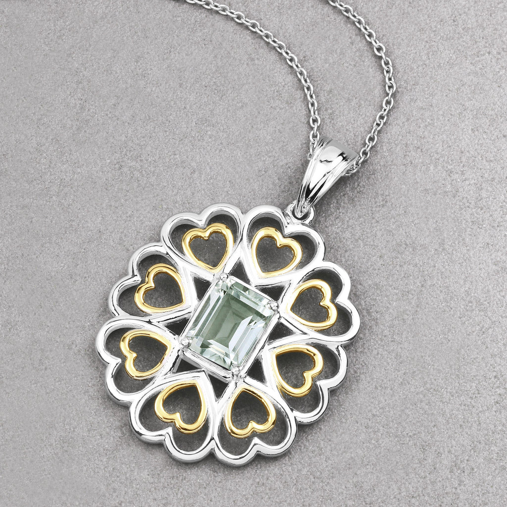 Green Amethyst Heart Pendant 2.08 Carats Gold Plated Silver