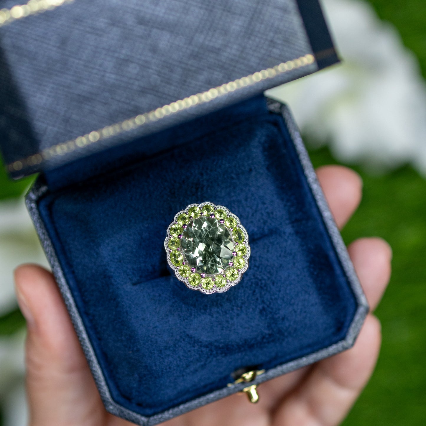 Green Amethyst Cocktail Ring Peridot Halo 7.18 Carats Sterling Silver