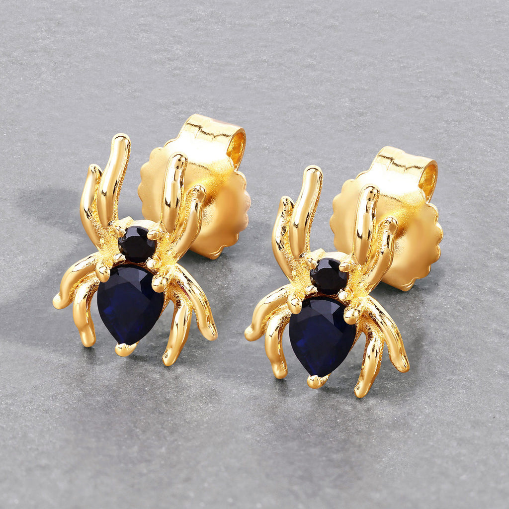 Blue Sapphire Stud Earrings With Black Spinel 0.34 Carats Gold Plated Silver