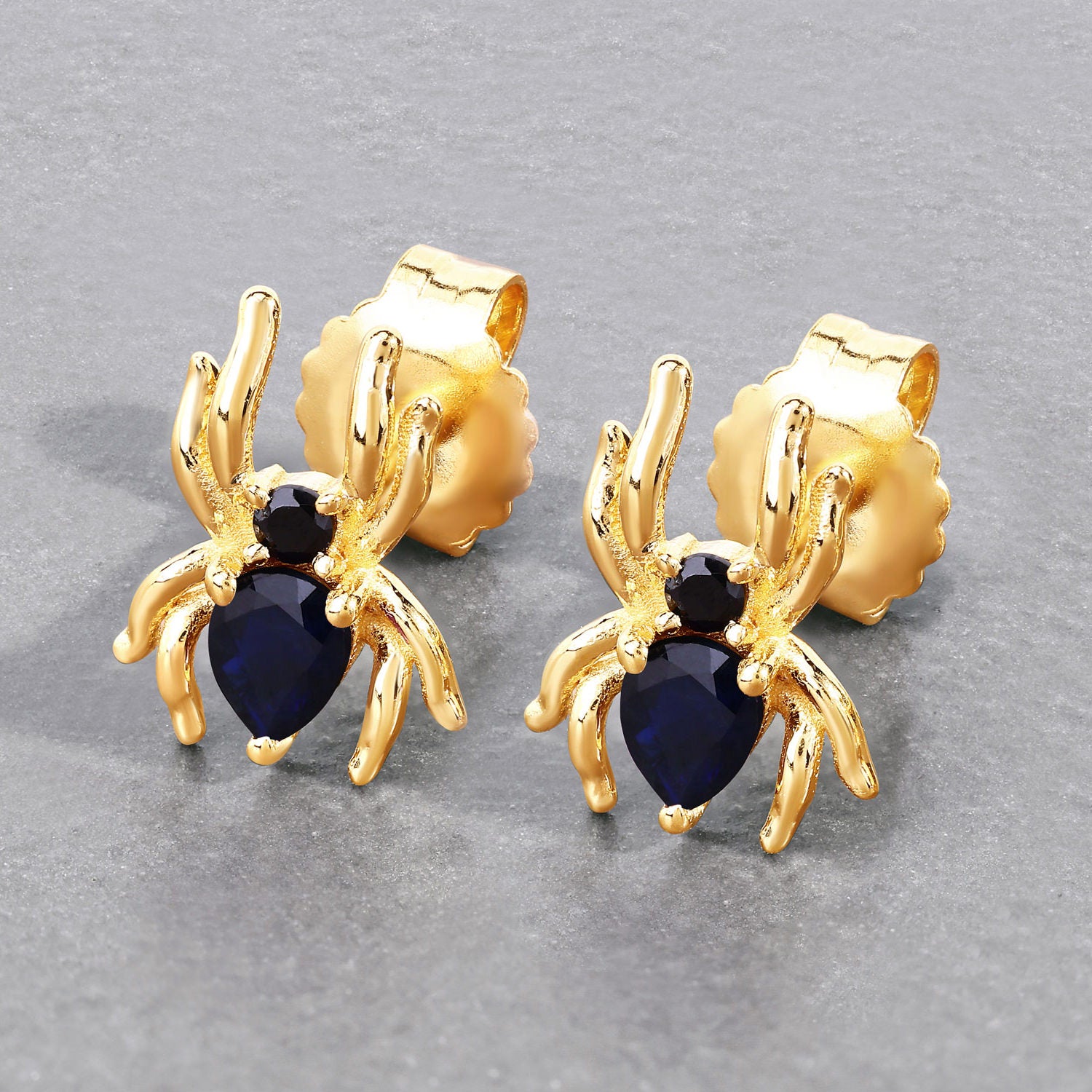 Blue Sapphire Stud Earrings With Black Spinel 0.34 Carats Gold Plated Silver