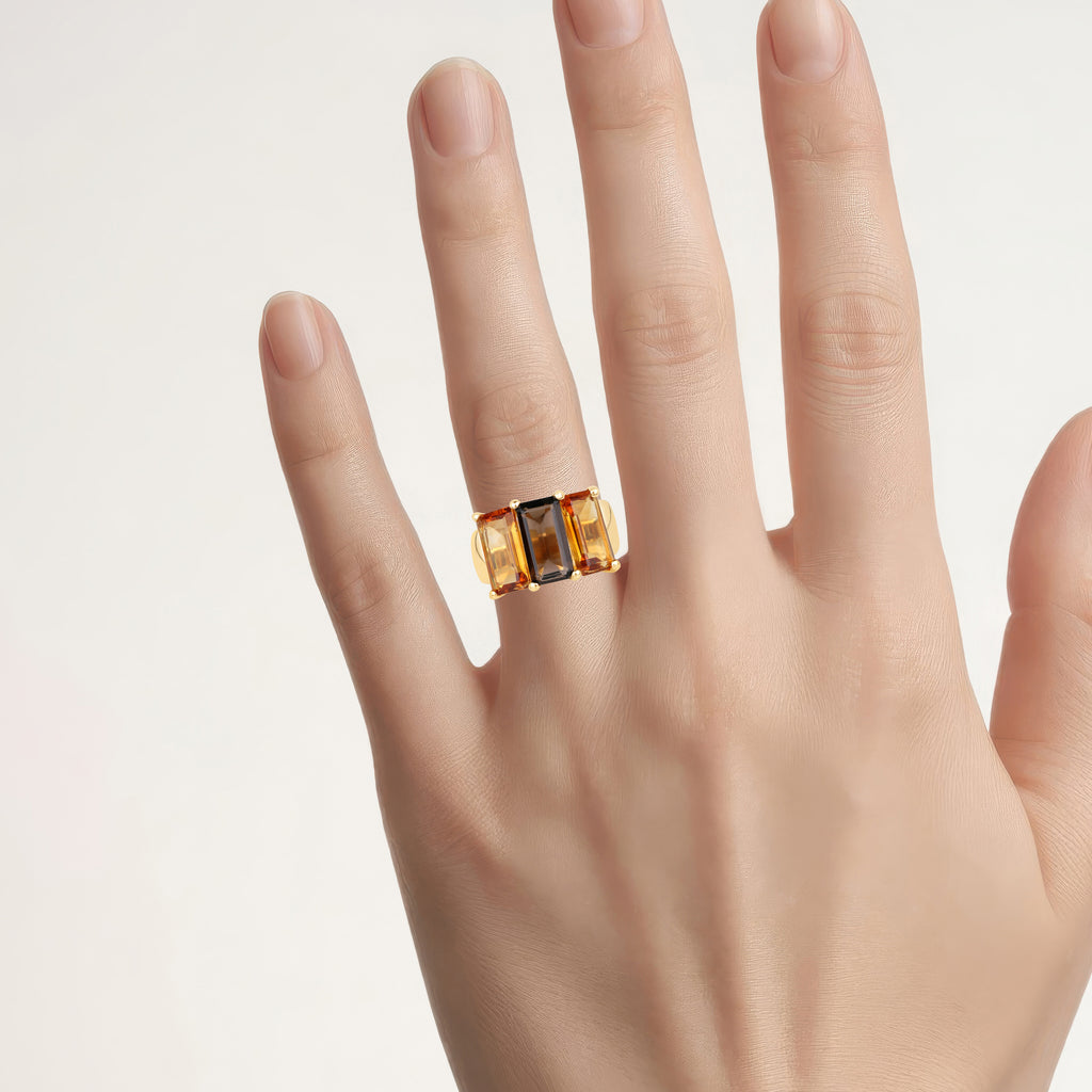 Smoky Quartz Ring With Citrine 8.08 Carats Gold Plated Silver