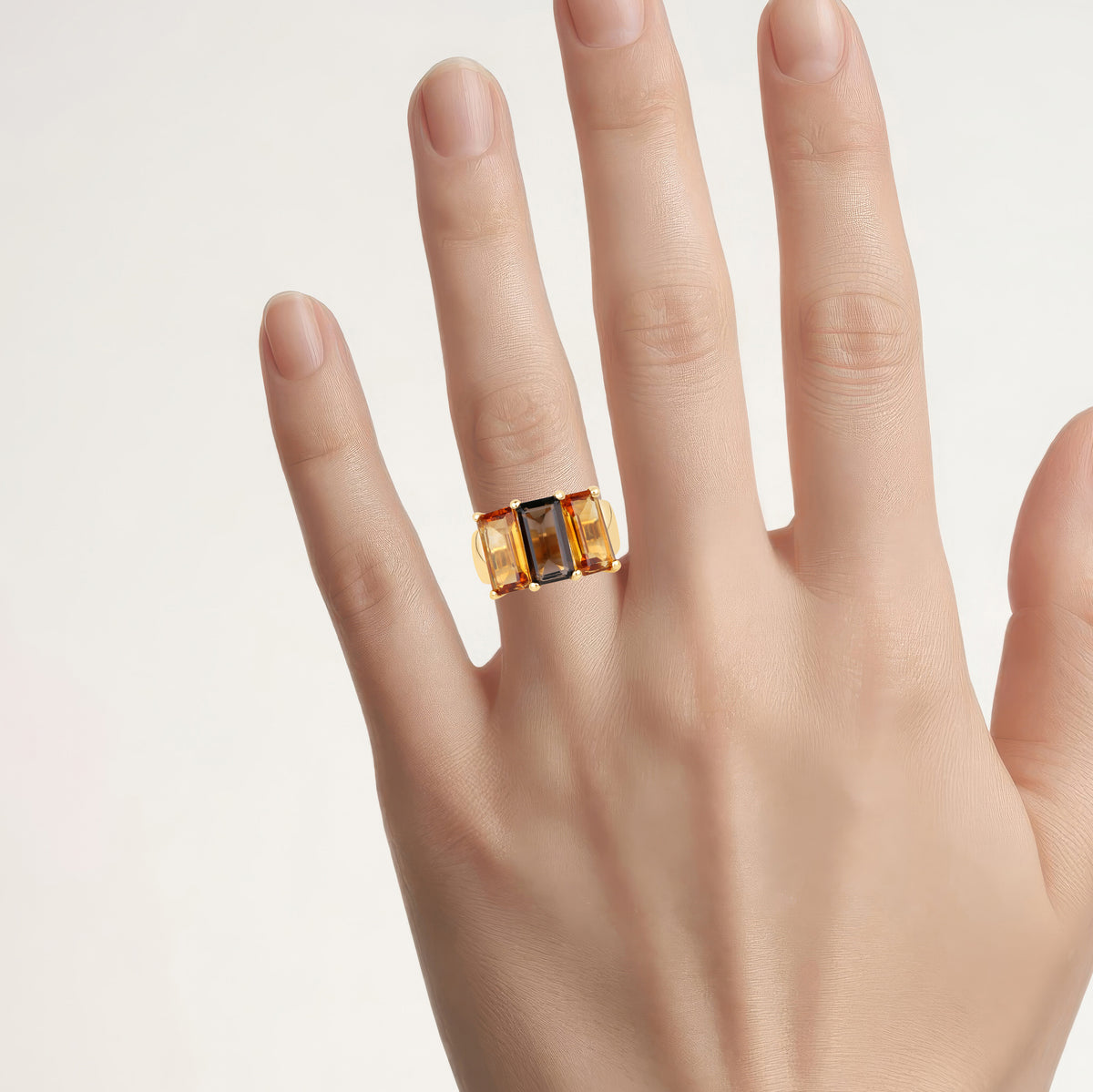 Smoky Quartz Ring With Citrine 8.08 Carats Gold Plated Silver