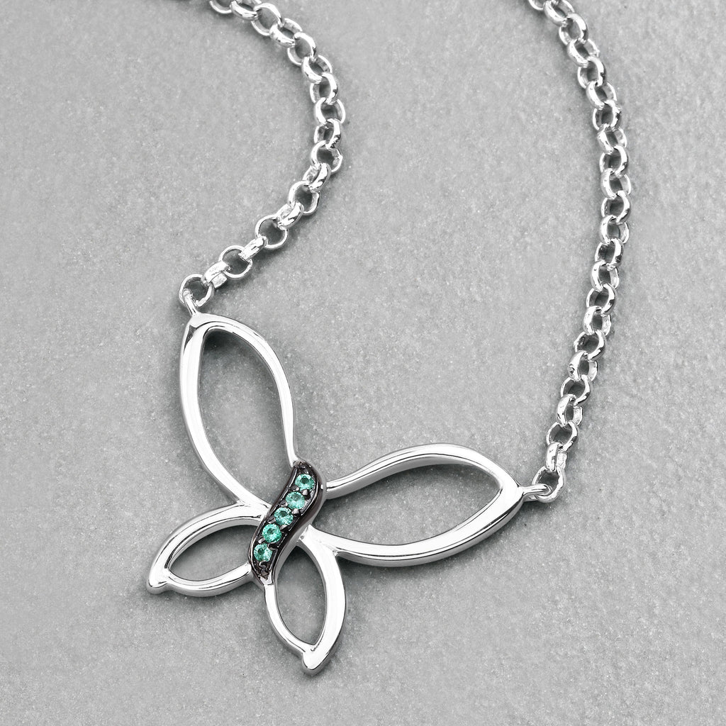 Zambian Emerald Butterfly Necklace 0.06 Carats Sterling Silver