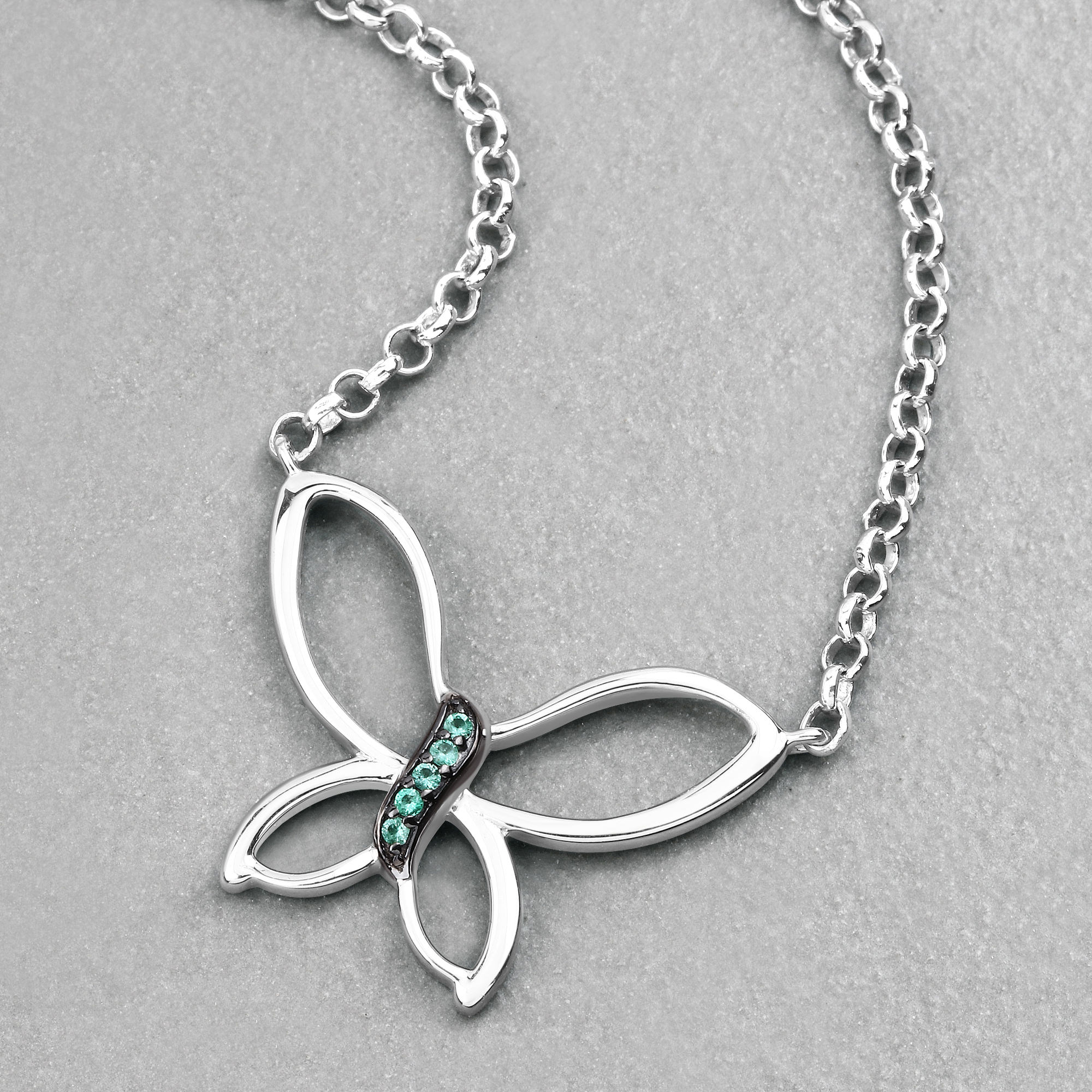 Zambian Emerald Butterfly Necklace 0.06 Carats Sterling Silver