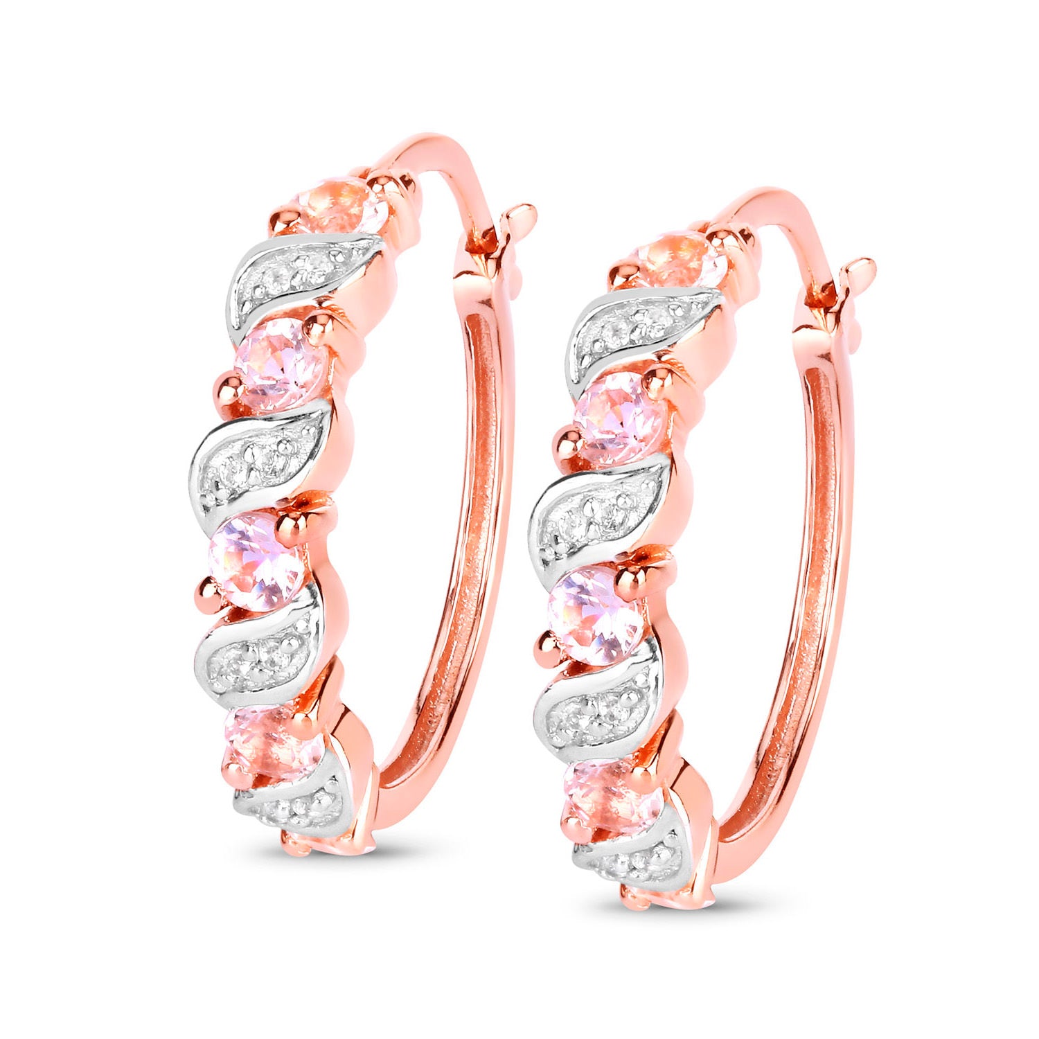 Morganite Hoop Earrings White Topaz 1.02 Carats 18K Rose Gold Plated Silver