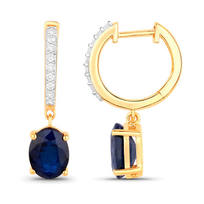 Blue Sapphire Dangle Earrings Diamonds 3.2 Carats 14K Yellow Gold