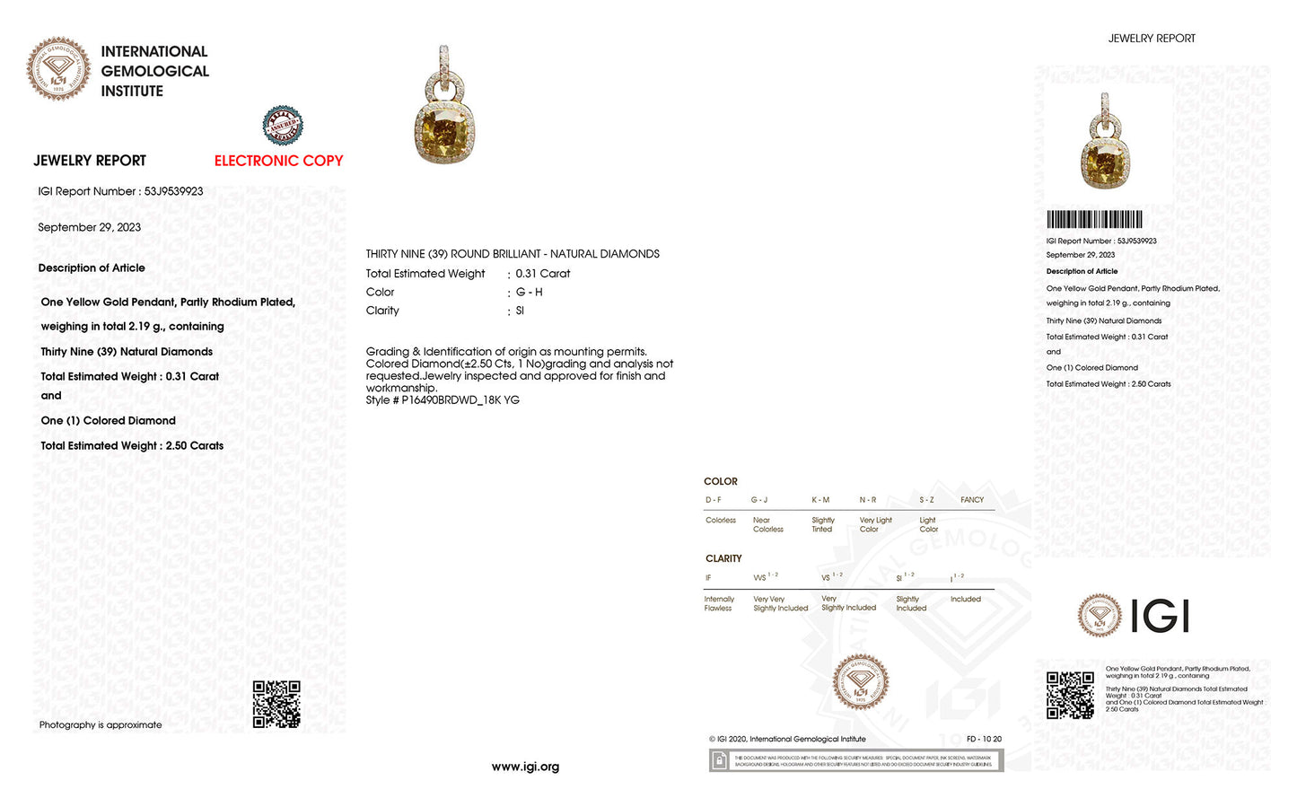 IGI Certified Brown Diamond Pendant With Diamond 2.81 Carats 18K Yellow Gold