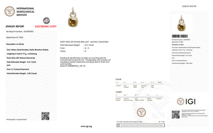 IGI Certified Brown Diamond Pendant With Diamond 2.81 Carats 18K Yellow Gold