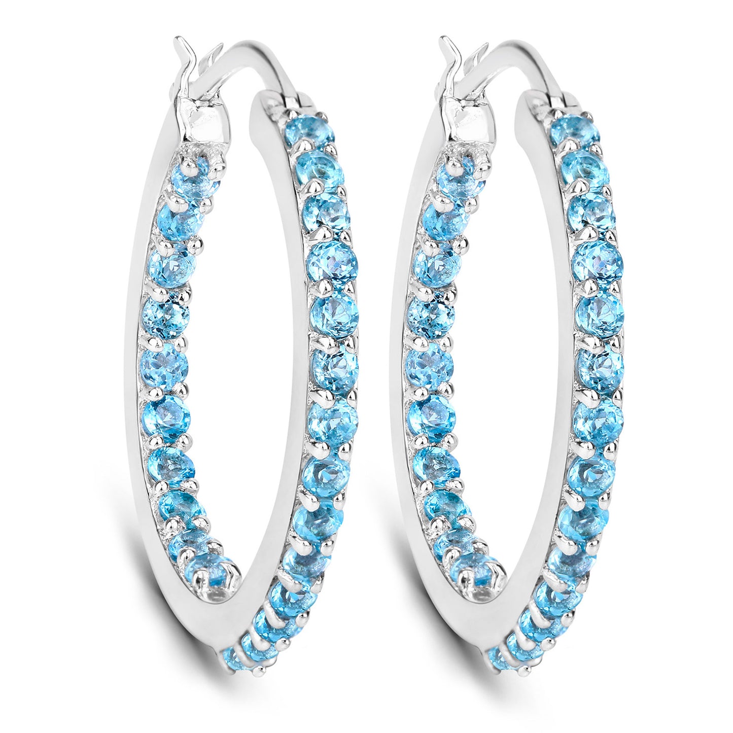 Swiss Blue Topaz Hoop Earrings 1.72 Carats Sterling Silver