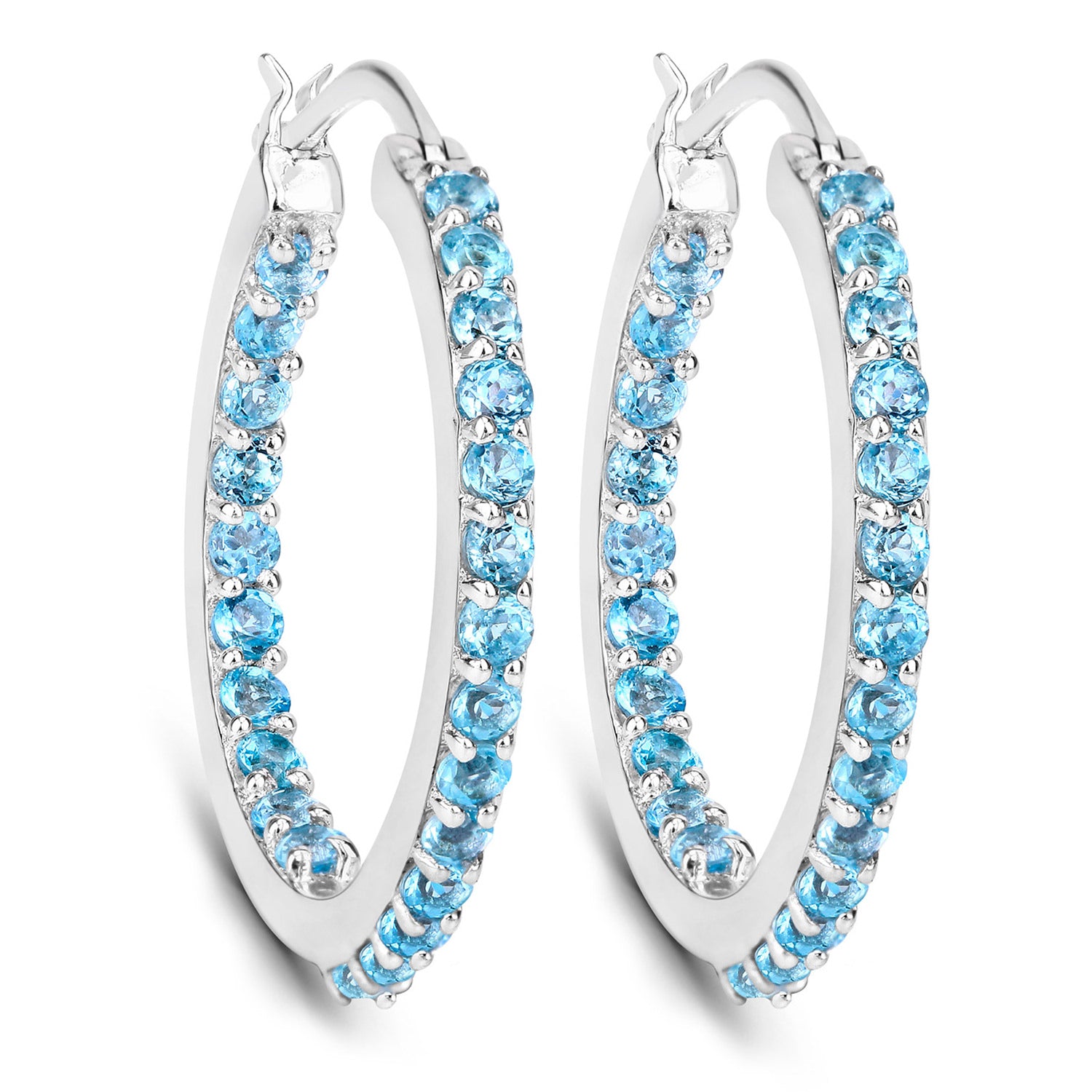 Swiss Blue Topaz Hoop Earrings 1.72 Carats Sterling Silver