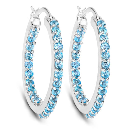 Swiss Blue Topaz Hoop Earrings 1.72 Carats Sterling Silver