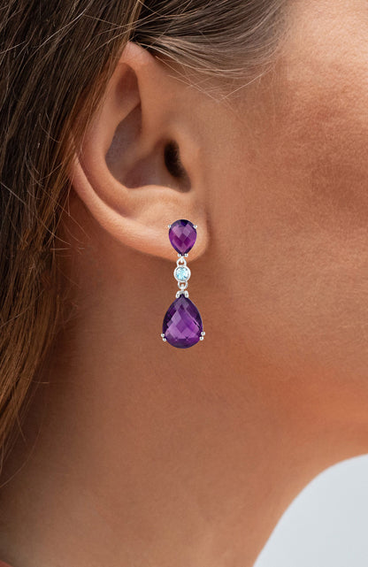 Rose Cut Amethyst Earrings Blue Topaz 11.8 Carats Sterling Silver