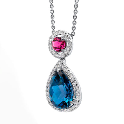 London Blue Topaz Pendant Necklace Rhodolite Diamonds 2.9 Carats 18K White Gold